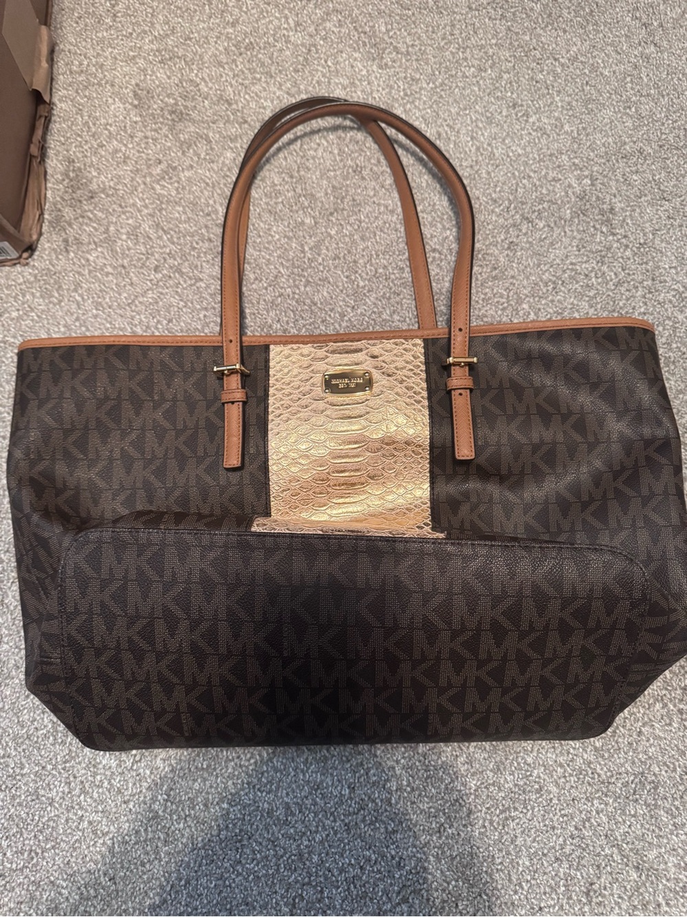 Michael Kors Dark Brown Monogram Tote with Gold Accent